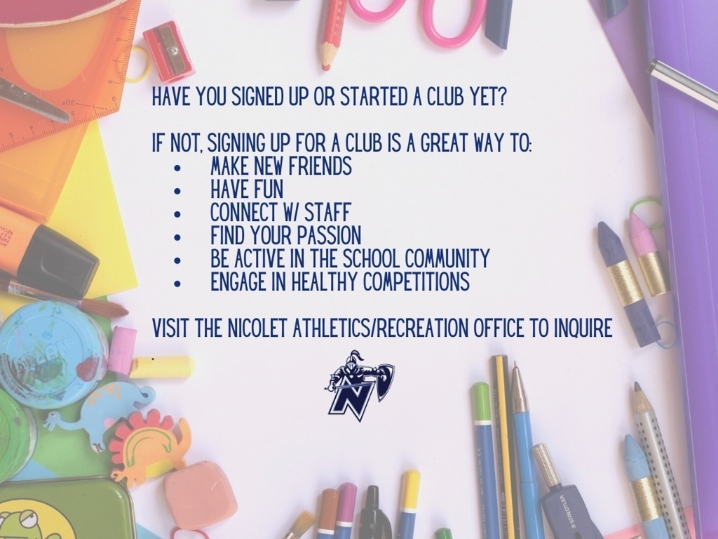 A white surface displays colorful text and images of school supplies. Text reads "Have you signed up or started a club yet?" with bullet points listing benefits.