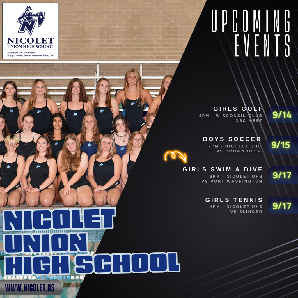 A poster shows the Nicolet Union High School swim team. The team is in a pool, wearing black swimsuits.