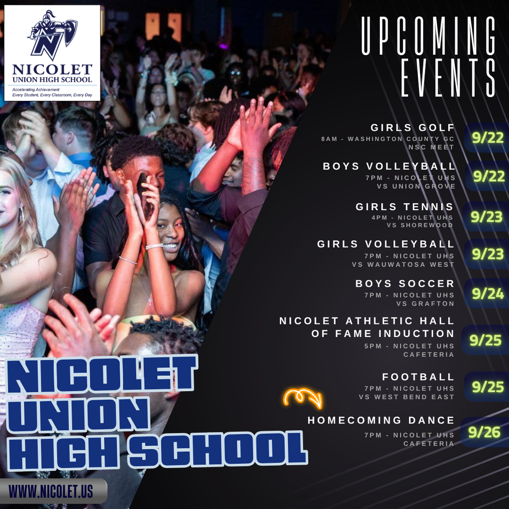 An event flyer shows a crowd of students cheering. Dates and details for upcoming events are listed.