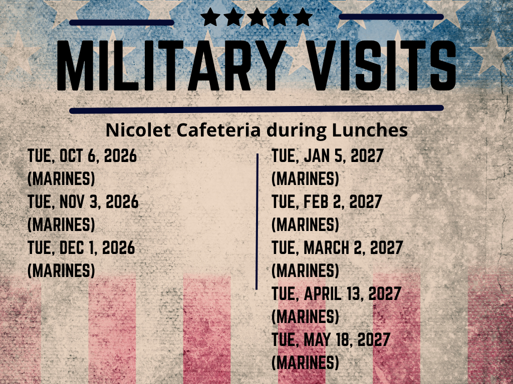 A flyer for military visits at Nicolet Cafeteria during lunches on specific dates in 2026 and 2027. The background features a U.S. flag design.