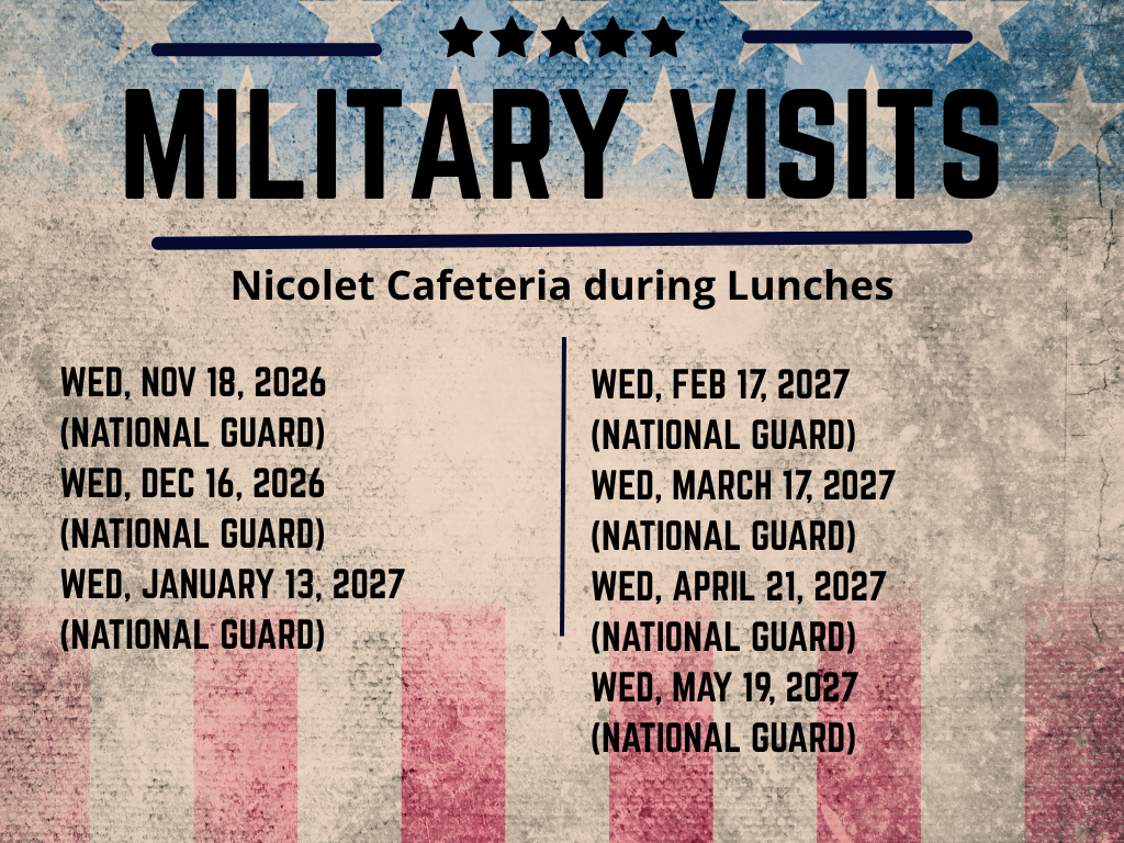 Poster for military visits. Dates include November 18, 2026; February 17, 2027; December 16, 2026; March 17, 2027; and more.