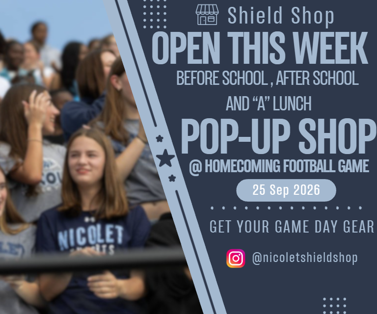 Advertisement for a Nicolet Shield Shop pop-up shop. A girl is smiling in the foreground.