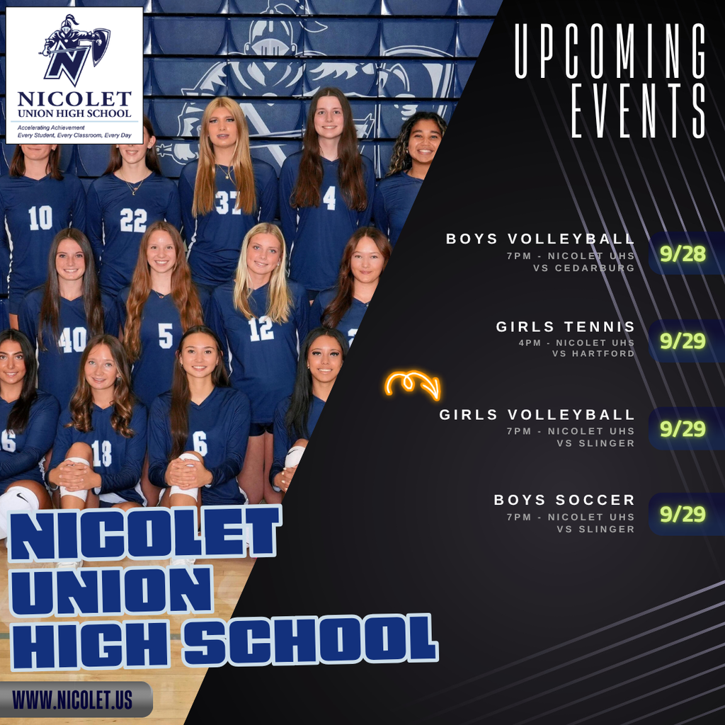 An ad for Nicolet Union High School features a volleyball team in blue jerseys. A list of upcoming events includes volleyball, tennis, and soccer matches.