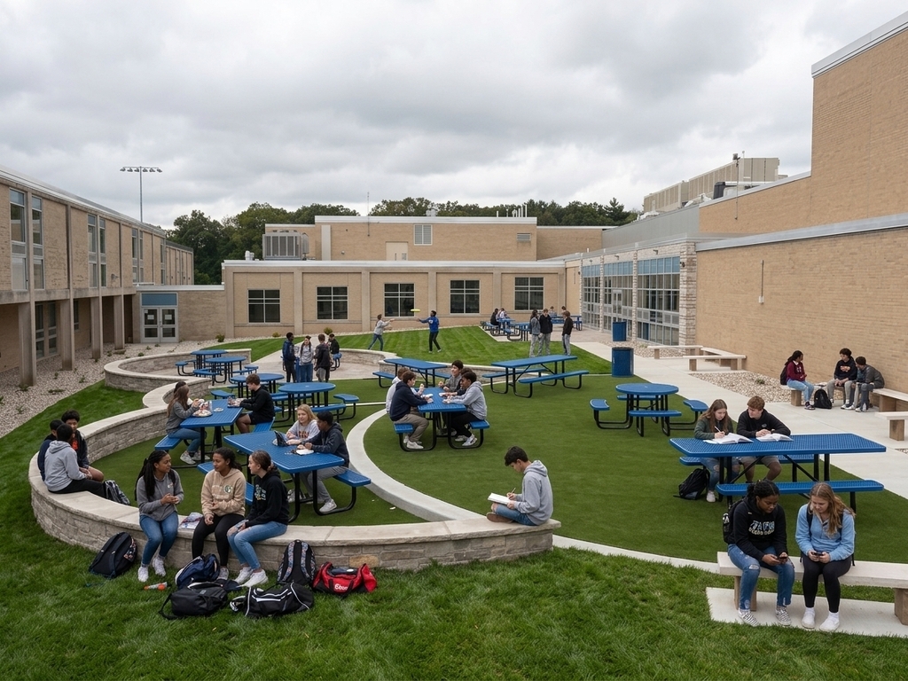 Outdoor area with tables and benches. Students sit and stand on the artificial grass. Some wear backpacks.