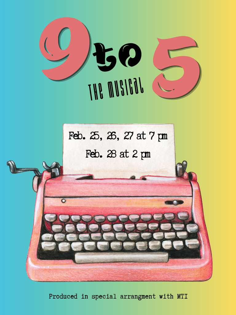 Illustration of a pink typewriter with paper. Paper reads "Feb. 25, 26, 27 at 7 pm Feb. 28 at 2 pm".