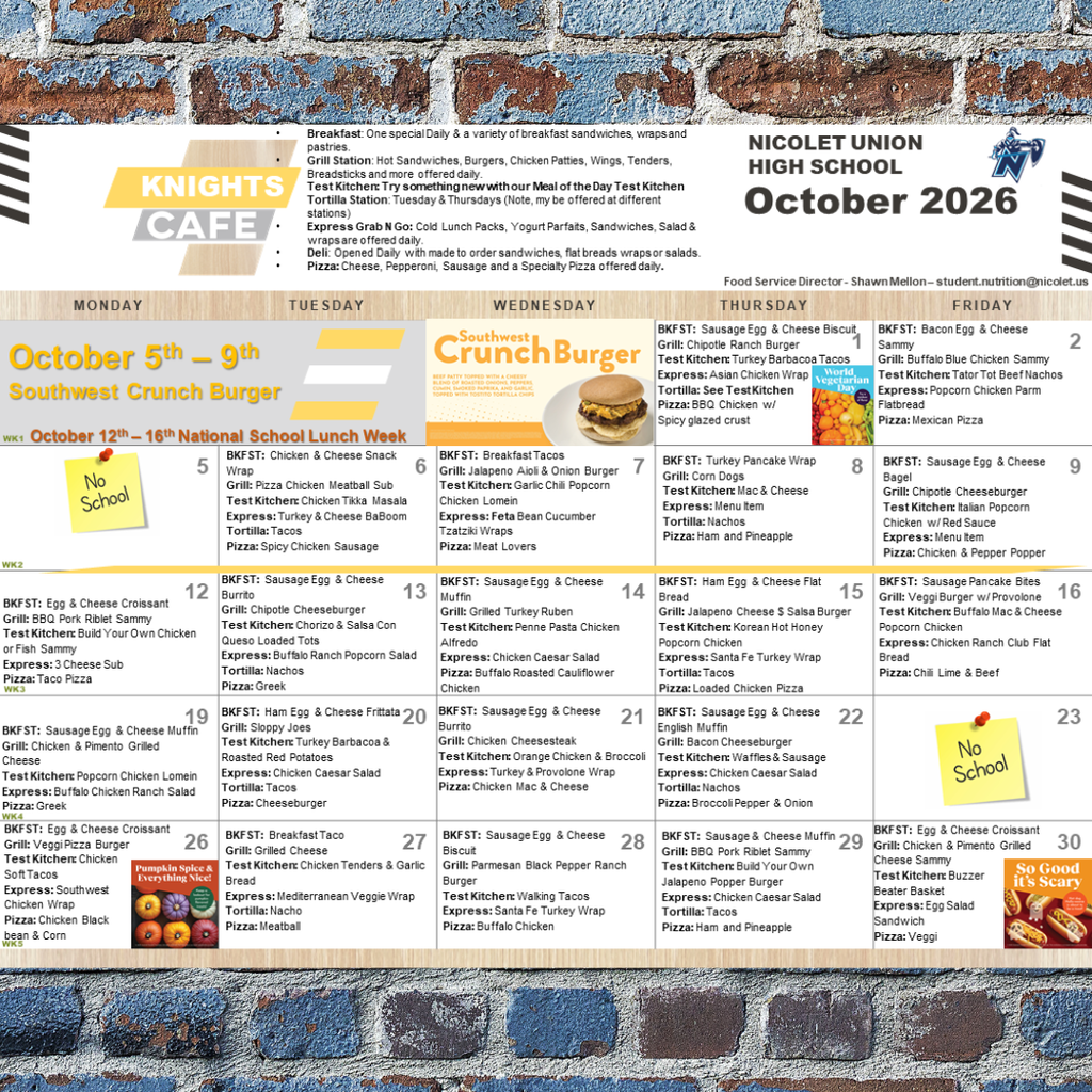 A menu board for Knights Cafe, showing food options for October 5th to 9th, 2026. The background is brick wall.