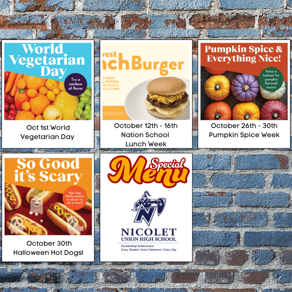 Six colorful posters on a brick wall, advertising various events, including World Vegetarian Day, Pumpkin Spice Week, and Halloween Hot Dogs.