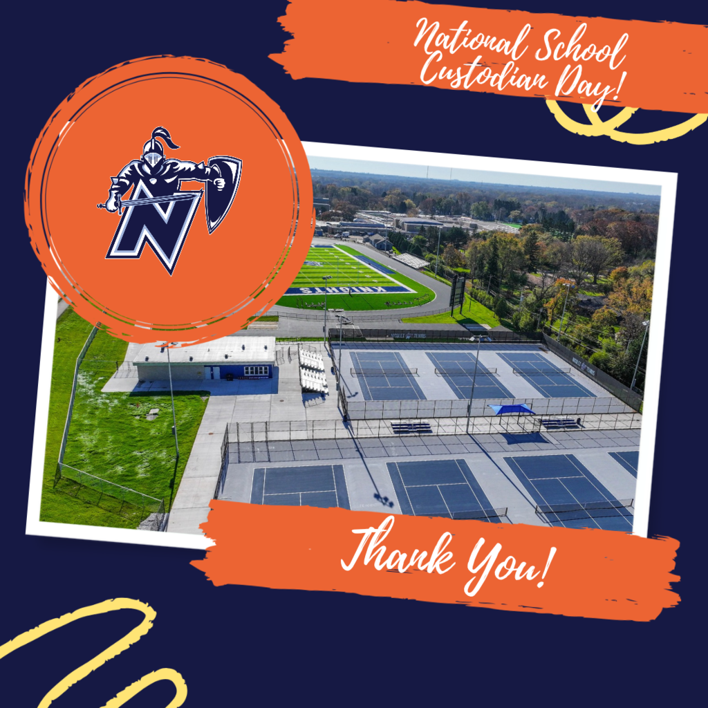Overhead shot of school grounds with tennis courts, field, and a building. Logo and text overlay with "National School Custodian Day" and "Thank You!"