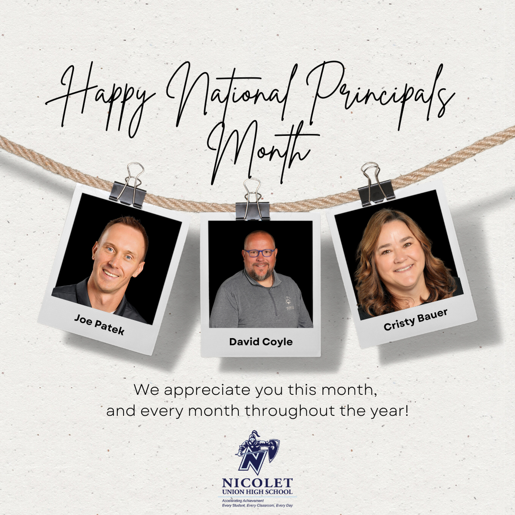 Three headshots hang from a rope. Below, "Happy National Principals Month" is written in calligraphy.