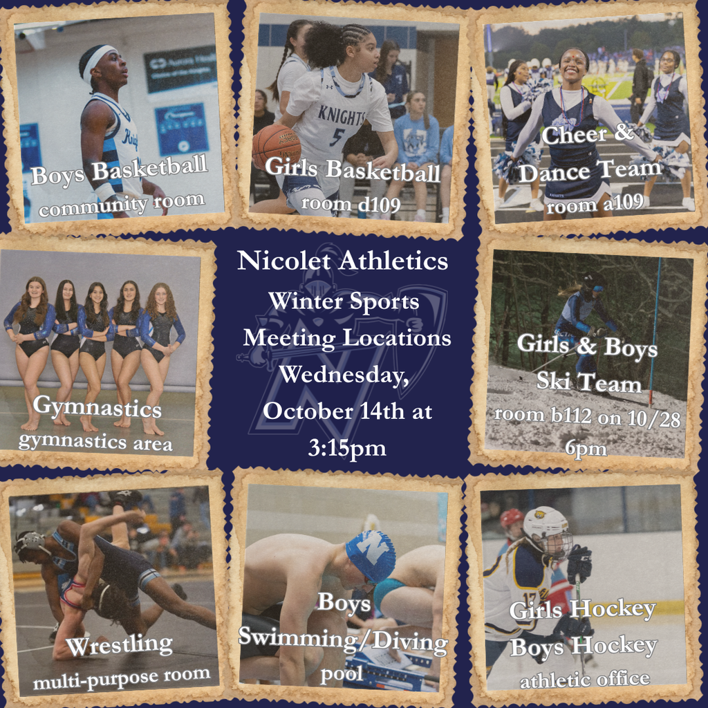 Collage of sports team photos with labels. Teams include Boys Basketball, Girls Basketball, Cheer and Dance, Gymnastics, Skiing, Wrestling, Swimming/Diving, Girls Hockey, and Boys Hockey.