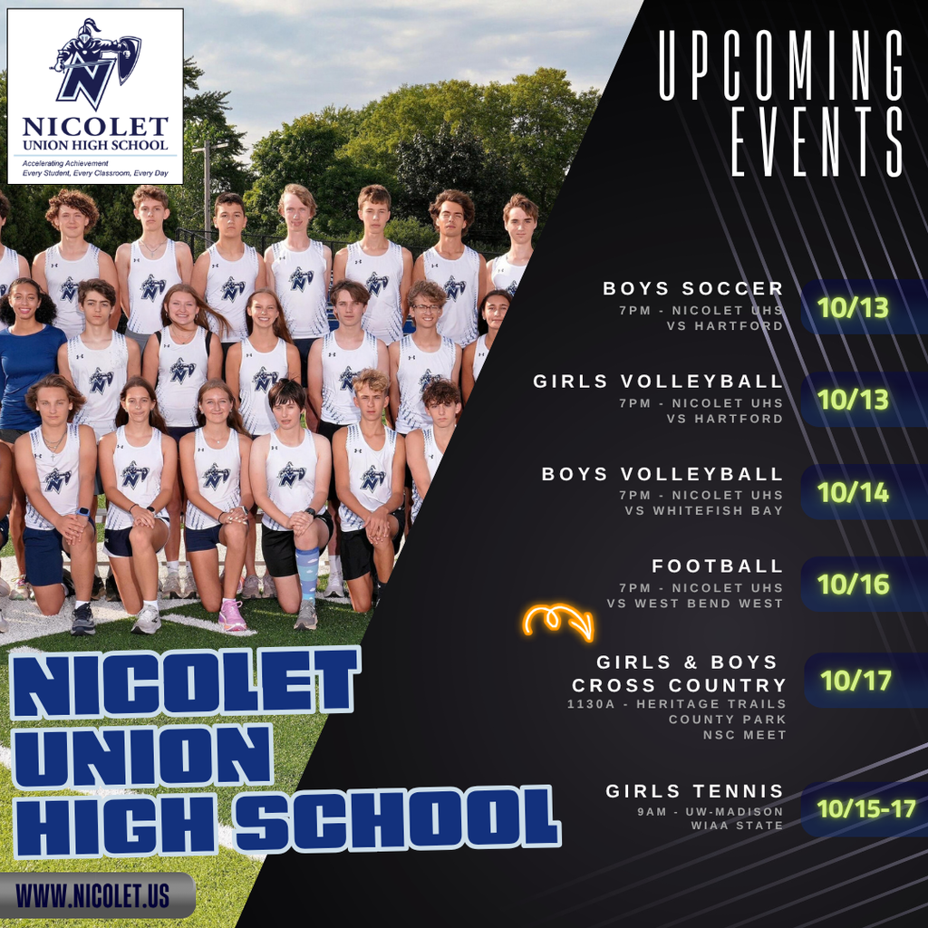 Poster for Nicolet Union High School with teams for boys and girls soccer, volleyball, football, and tennis.