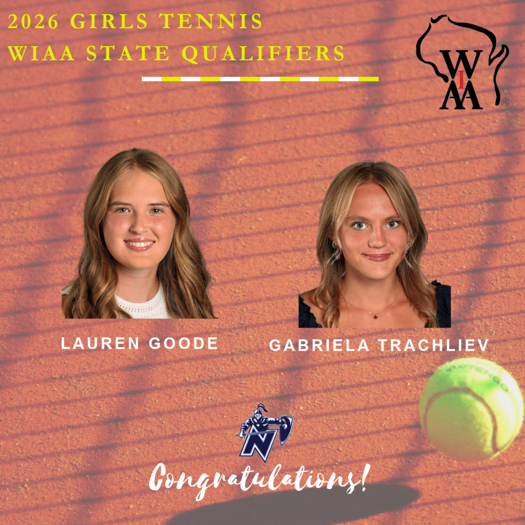Two smiling women with long hair, Lauren Goode and Gabriela Trachliev, appear on a red tennis court.