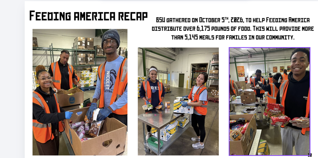 Three photos of people in orange vests, working together in a warehouse to distribute food.