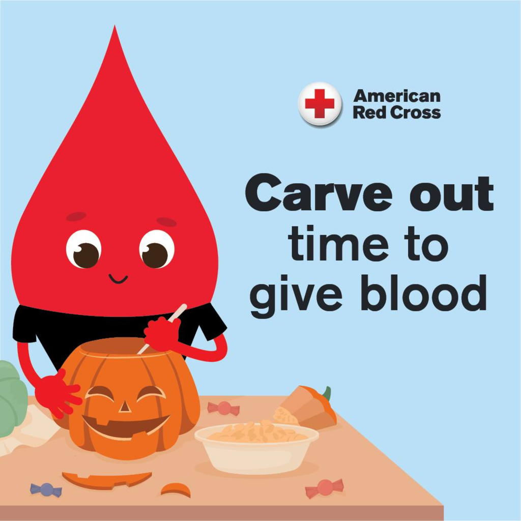 Cartoon character carving a pumpkin, American Red Cross logo, text reads "Carve out time to give blood."