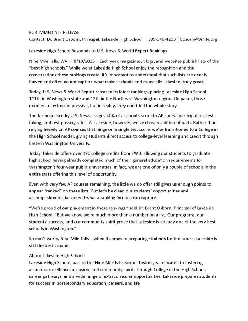 Press Release Best School List 2025