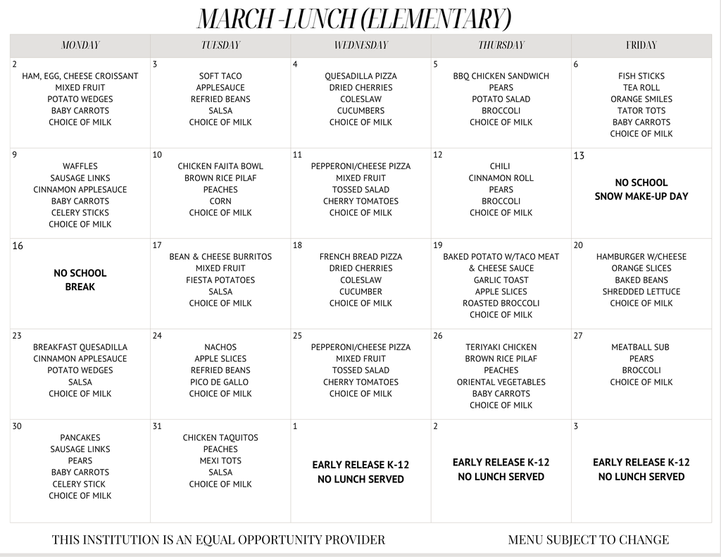 March Lunch Elementary