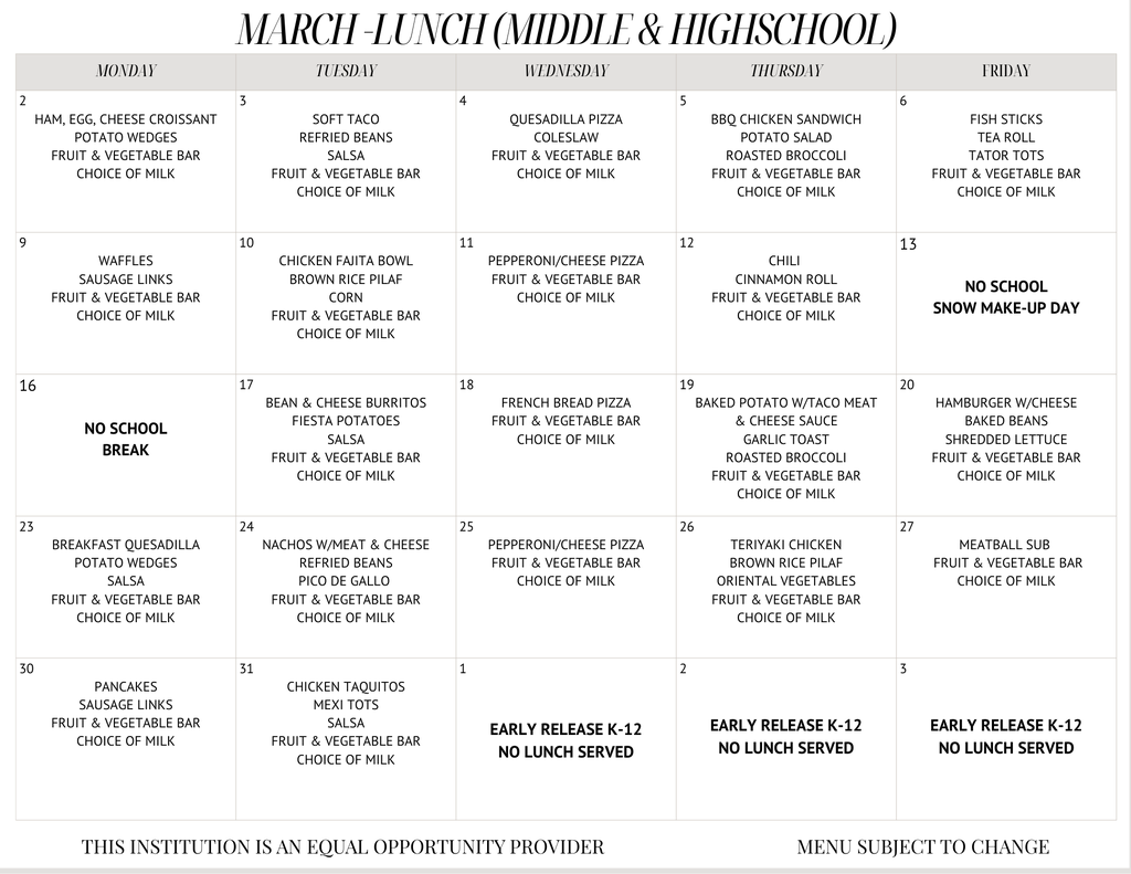 Middle & High School Lunch Menu