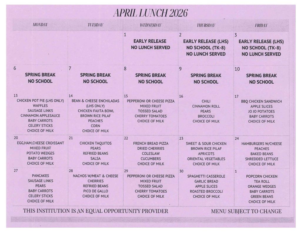 Lunch Menu April