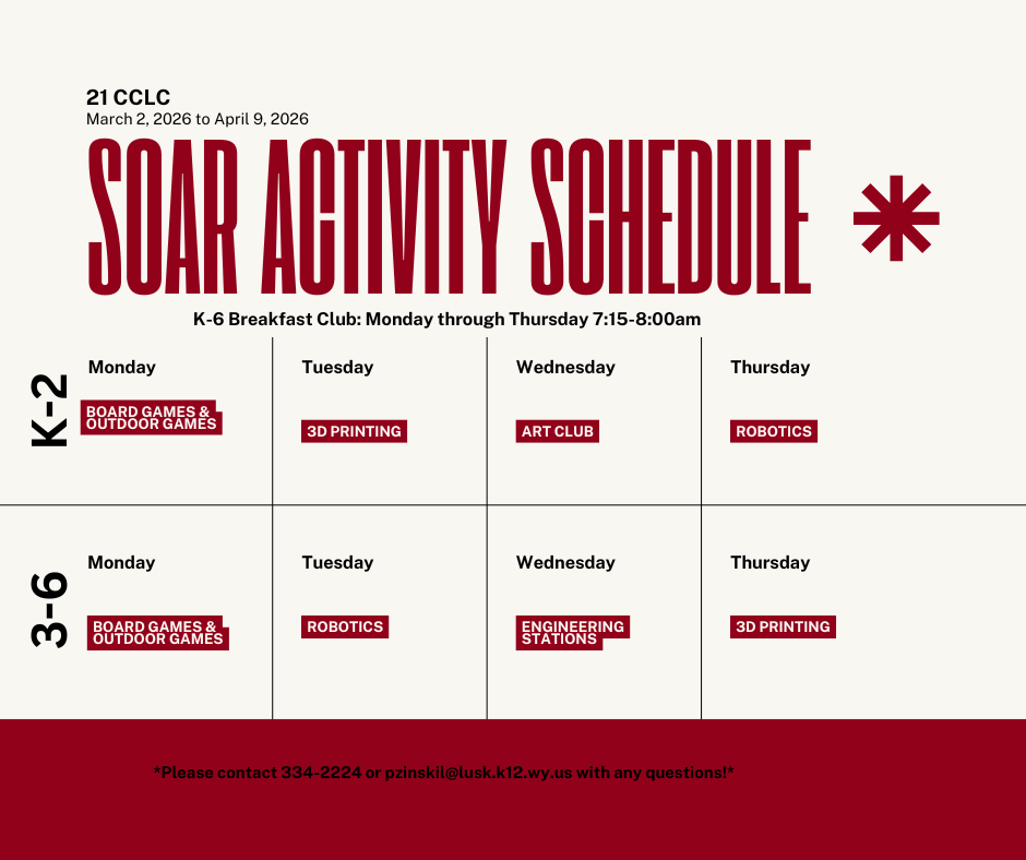 SOAR Activity Schedule for March 2 through April 9