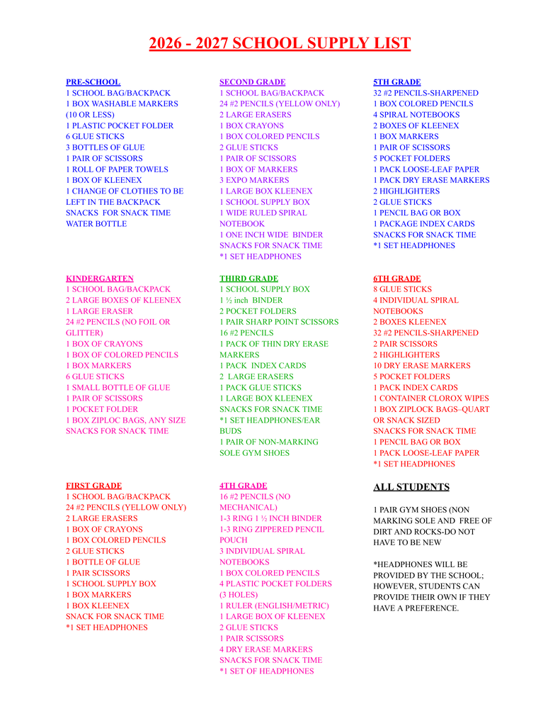 2026-2027 Lusk Elementary School/Pre-School Back to School Supply List