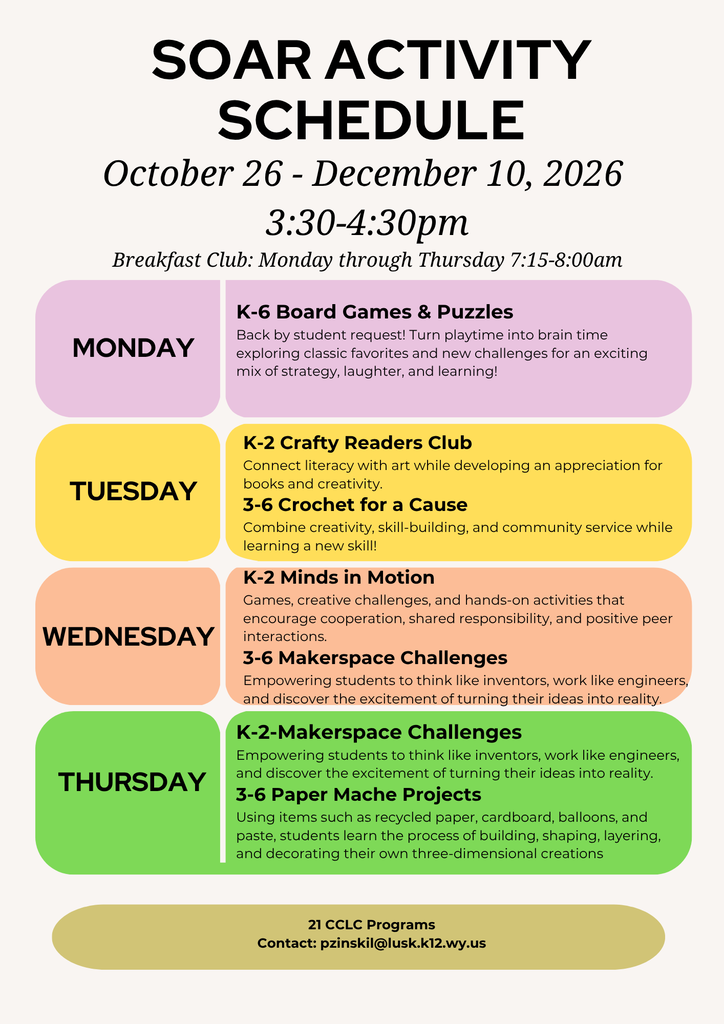 SOAR Activity Schedule October 26-December 10, 2026