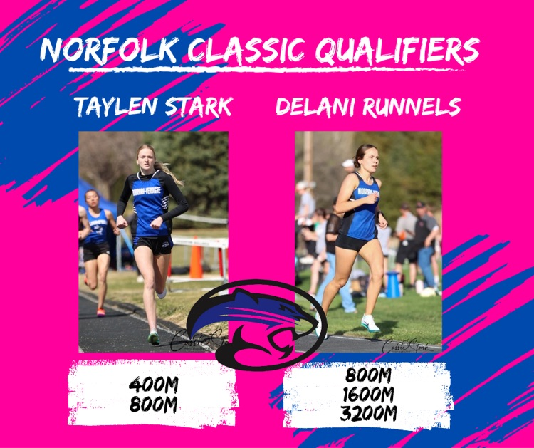 Am image of Taylen Stark and Delani Runnels running track with text saying what events they qualified for in the Norfolk Classic 