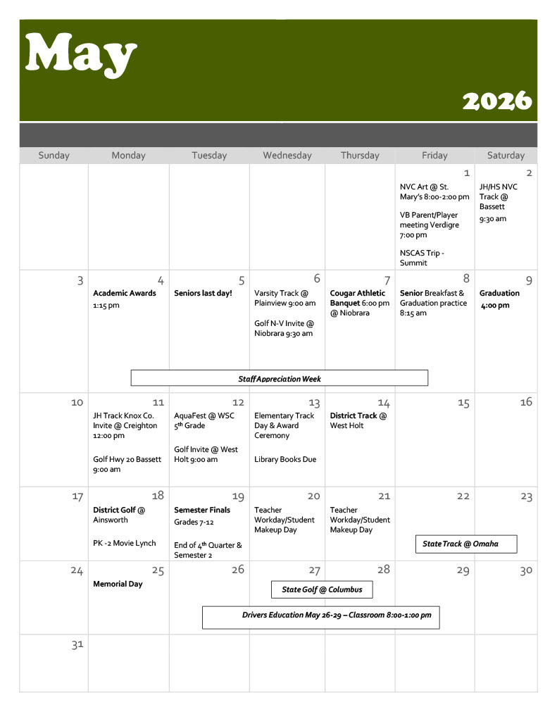 May Menu & Activity Calendar