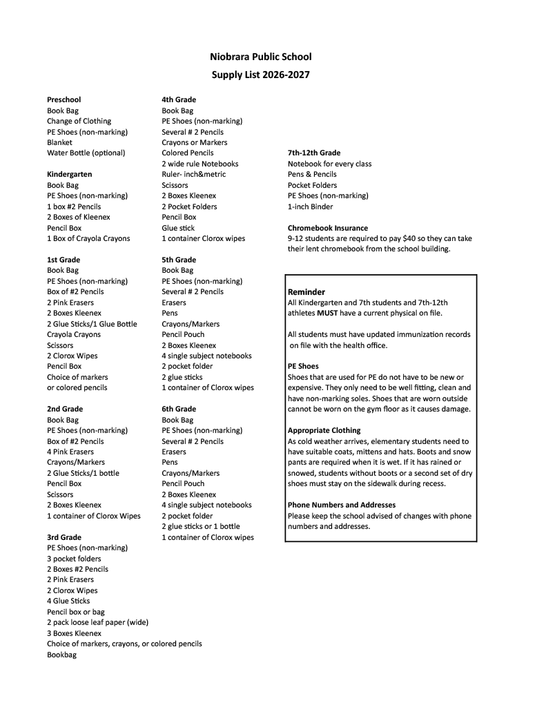 2026-27 School Supply List