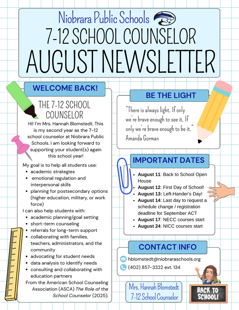August newsletter for 7-12 school counselor