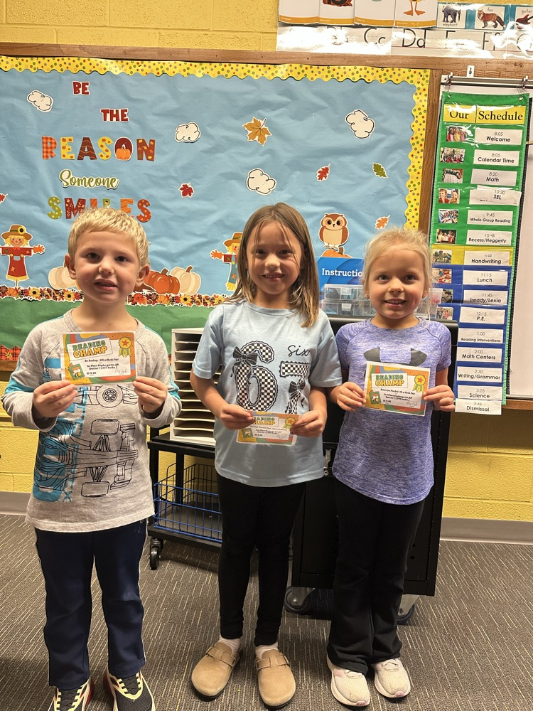 Kindergarten top readers Bo-1st place, Tayleigh-2nd place, Emersyn-3rd place