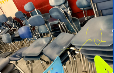 Blue chairs stacked