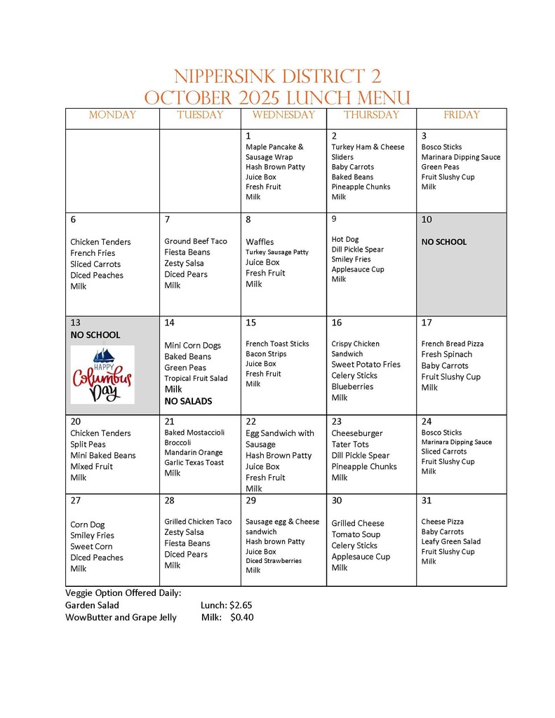 October Lunch Menu