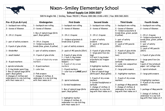 elementary supply list