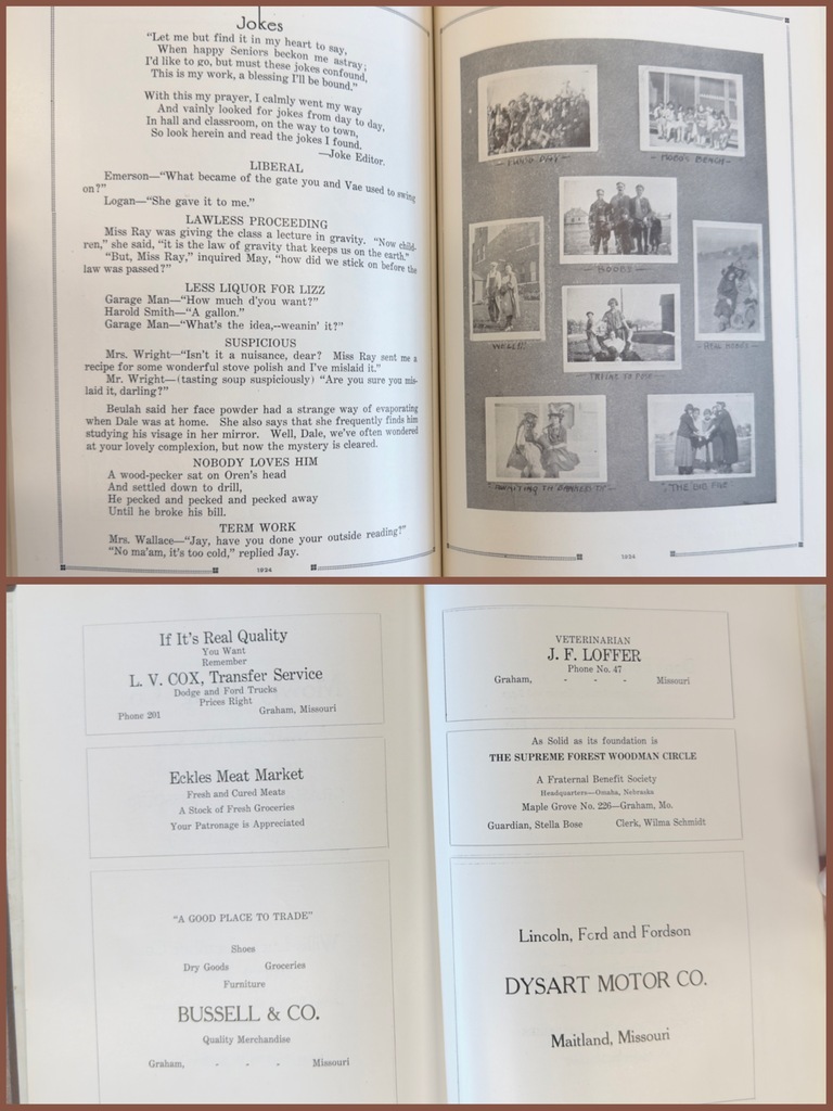 Images from inside the Graham 1924 yearbook showing pages with jokes, candid pictures, and advertisements.