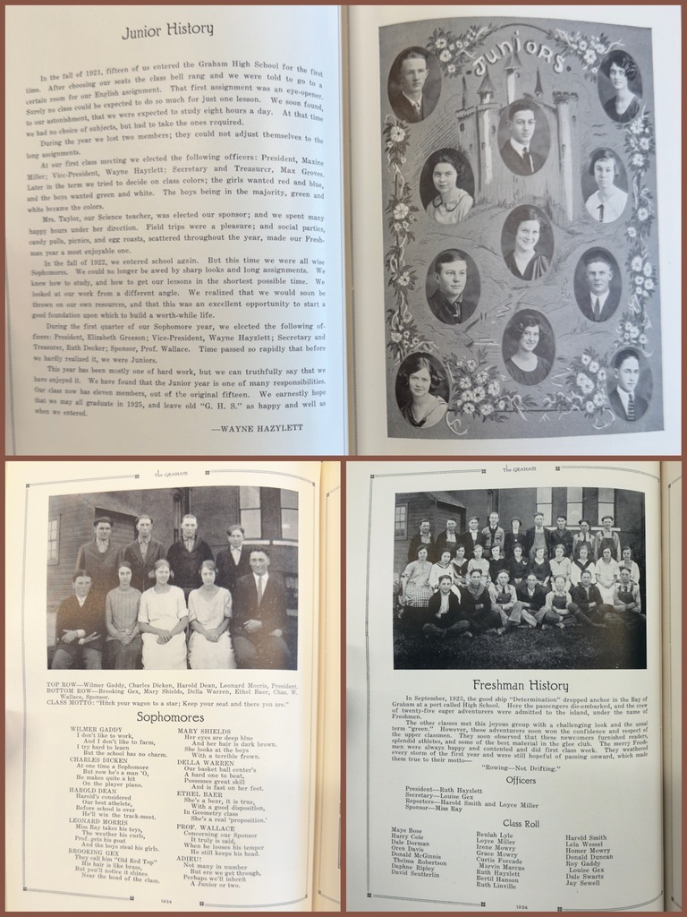 Images from inside the Graham 1924 yearbook showing the Junior, Sophomore, and Freshman classes.