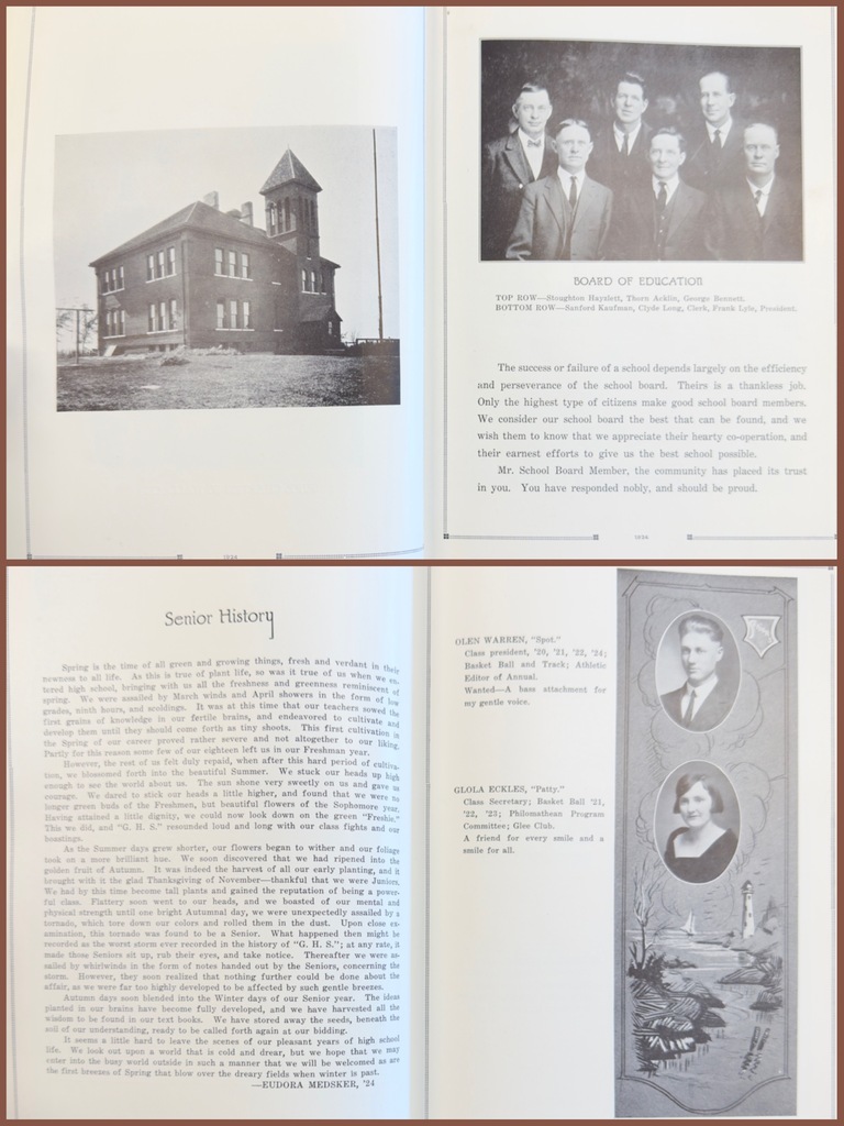 Images from inside the Graham 1924 yearbook showing the school house, the Board of Education, and some of the Senior class.