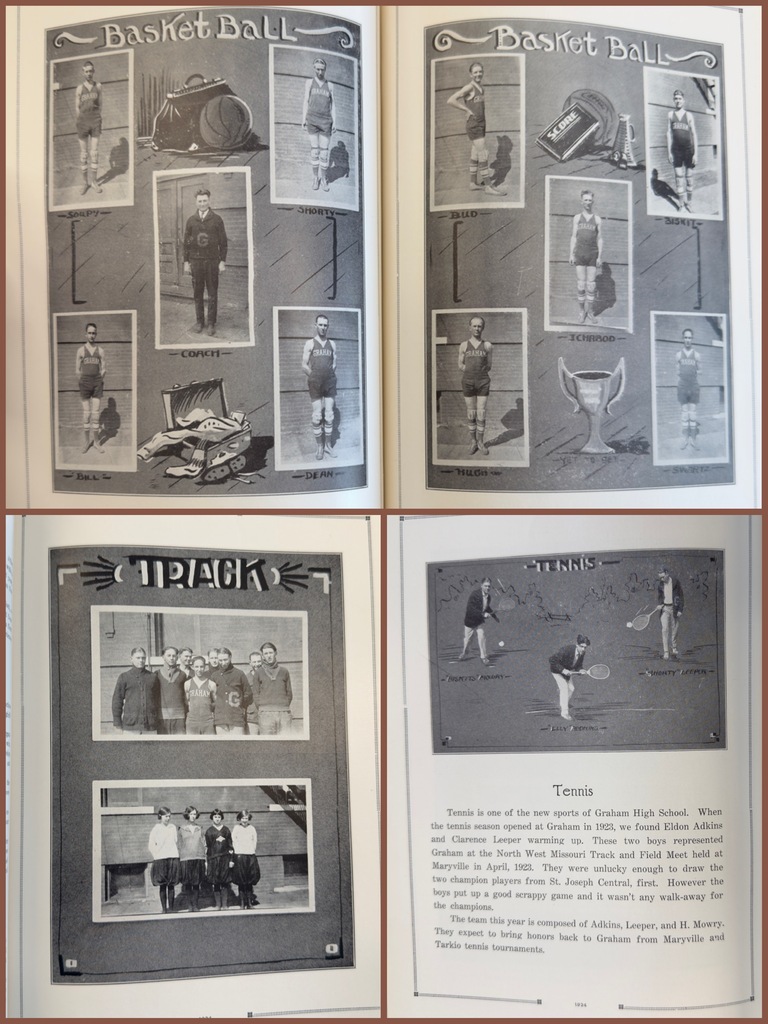Images from inside the Graham 1924 yearbook showing the basketball, boys and girls track, and tennis teams.