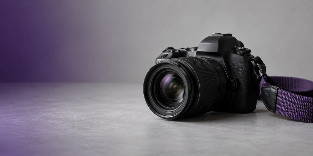 A black camera with purple strap