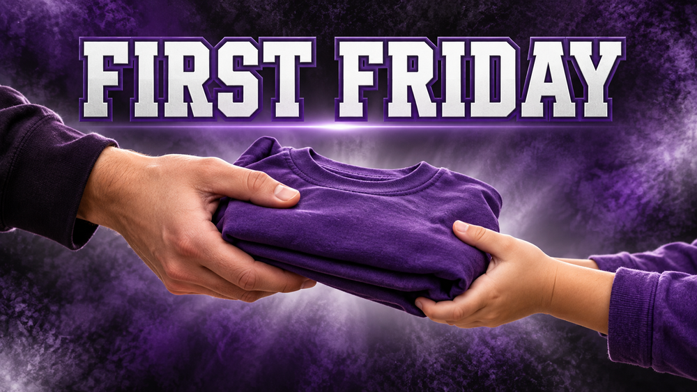 First Friday with two hands passing a shirt