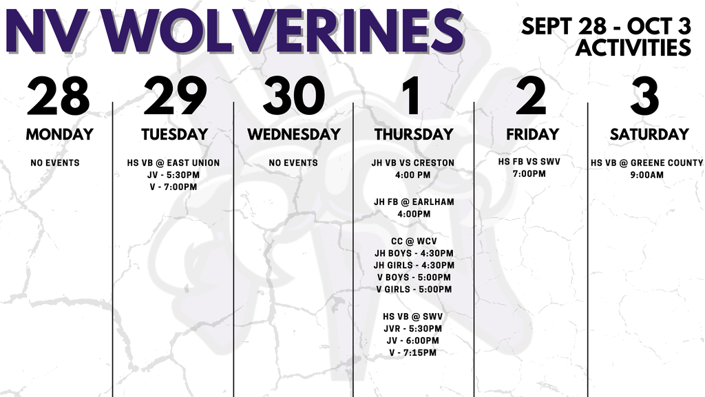 Nodaway Valley weekly activities pulled straight from BOUND calendar. Sep 28-Oct 3 activities