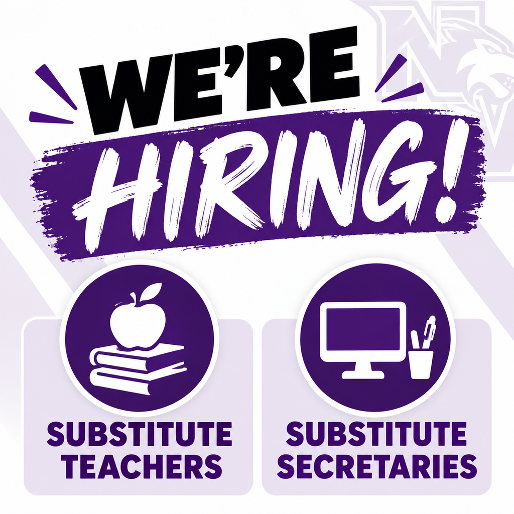 Graphic announcing Nodaway Valley is hiring substitute teachers and substitute secretaries, featuring purple and white school-themed icons.