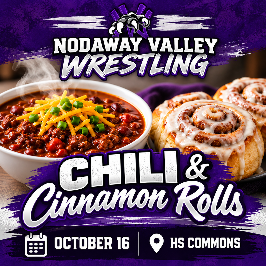 Purple, black, and white Nodaway Valley Wrestling fundraiser graphic featuring a bowl of chili topped with shredded cheese and green onions alongside freshly iced cinnamon rolls. Large lettering reads “Chili & Cinnamon Rolls.” The event is October 16 at the High School Commons.