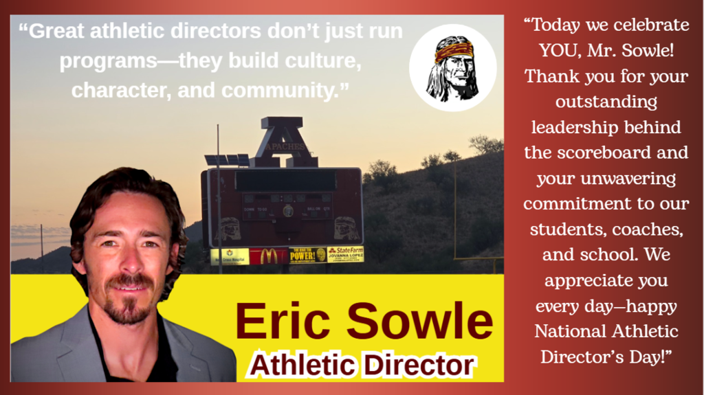 Today we celebrate YOU, Mr. Sowle! Thank you for your outstanding leadership behind the scoreboard and your unwavering commitment to our students, coaches, and school. We appreciate you every day-happy National Athletic Director's Day!