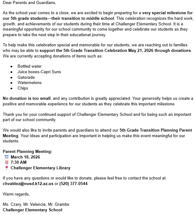 5th Gr. Parent Meeting