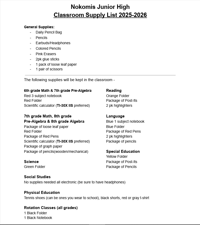 25-26 JH Supply List