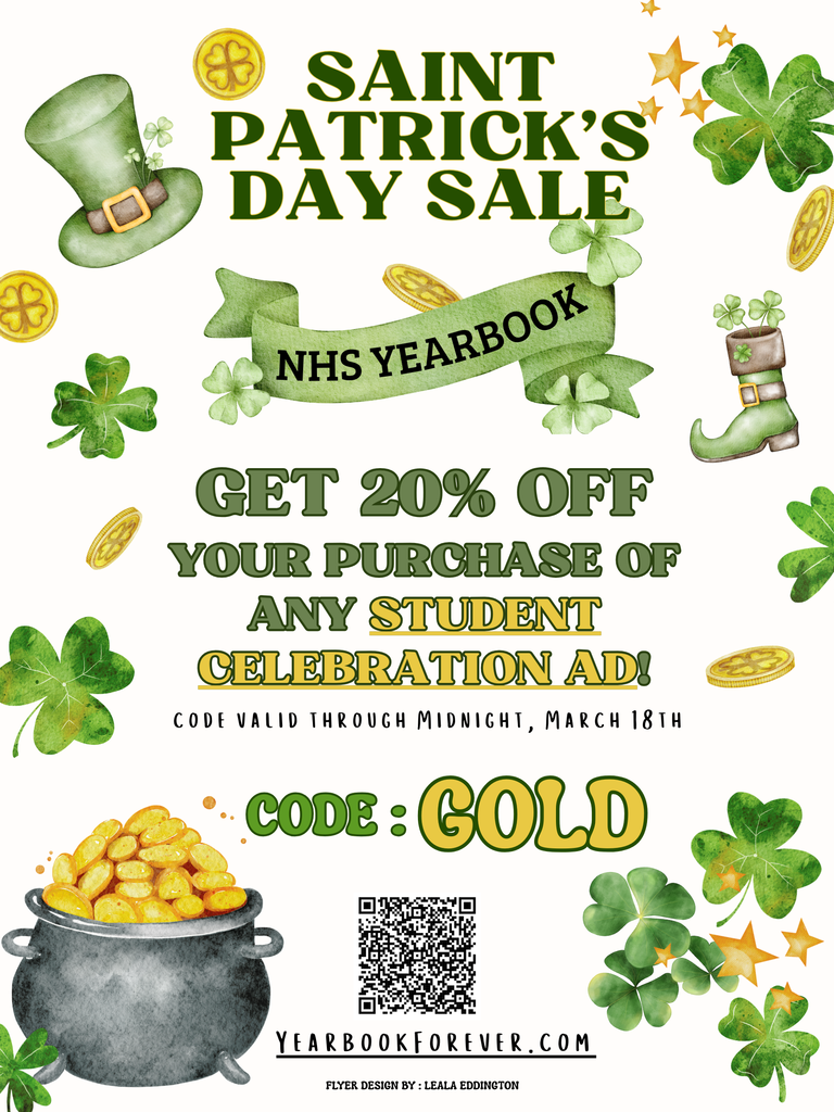 Get a 20% discount off Student and Senior Celebration Ad purchases for the 2026 NHS yearbook with code : "GOLD" until midnight on March 18th!