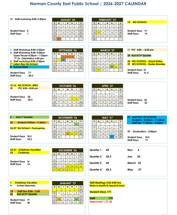 2026-2027 School Calendar | Norman County East School