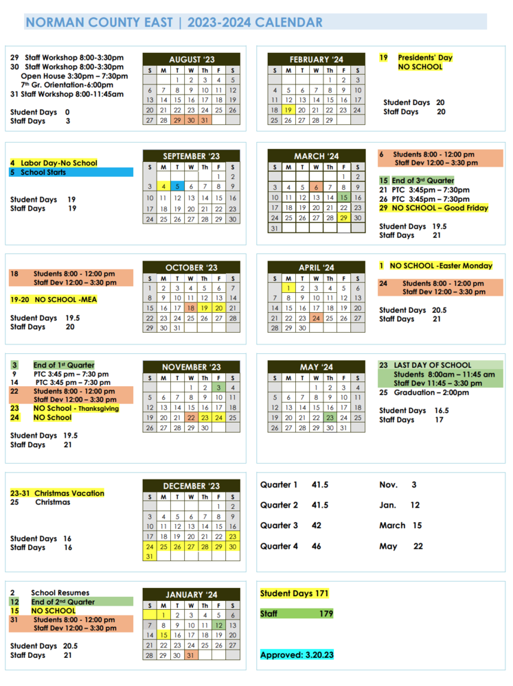 2023-24 School Calendar Approved 3-20-23 | Norman County East School
