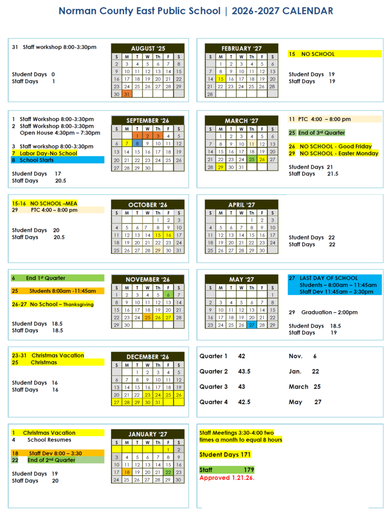 NCE School Calendar 2026-27