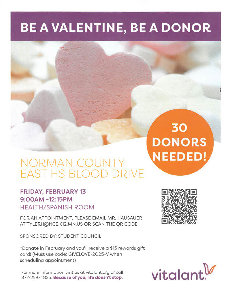 NCE Blood Drive Poster. Fri. Feb 13 9am to 1215pm
